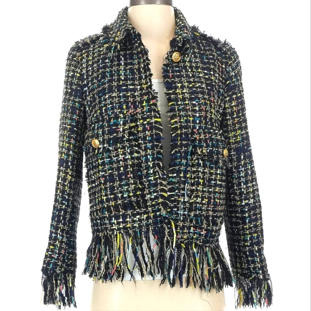 Zara Black Multicolor Tweed Fringe Blazer